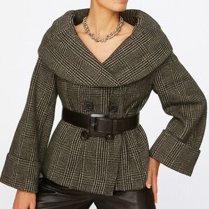 Zara Jacket Heritage Tartan Wool Blend Blazer Wide Collar Belt Sleeve Blk/Br/B L